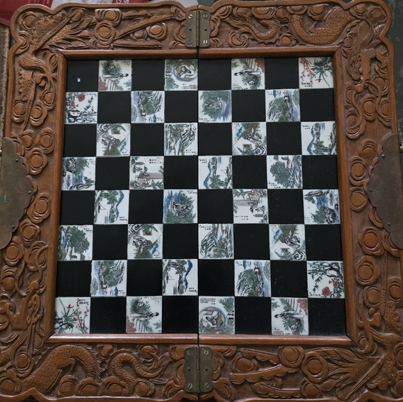 Vintage Chinese Hand Carved Jade Soapstone Chess Set Folding Wooden Case Drawers - Picture 2 of 16